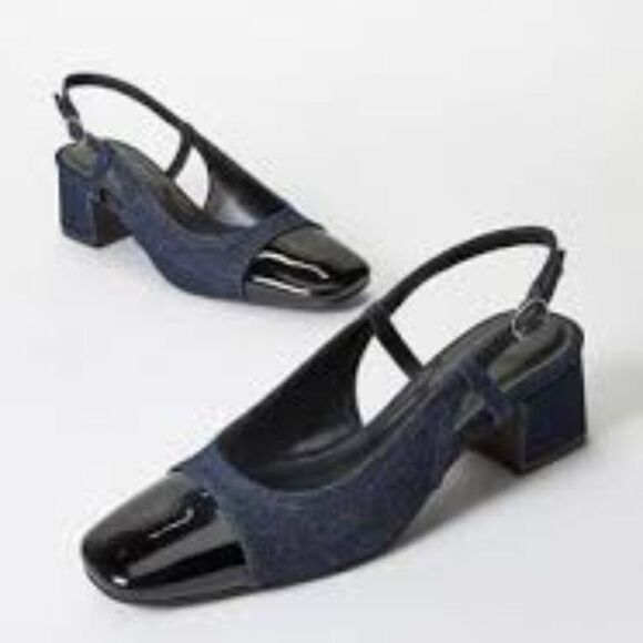 Spectator Pump Blue Denim and Black Patent Slingback block heel Size 7 - Picture 2 of 16